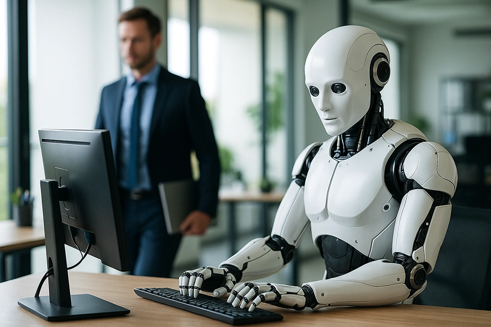 KI in mittelständischen Unternehmen. Ein Leistungsmultiplikator. Roboter sitzt im Büro