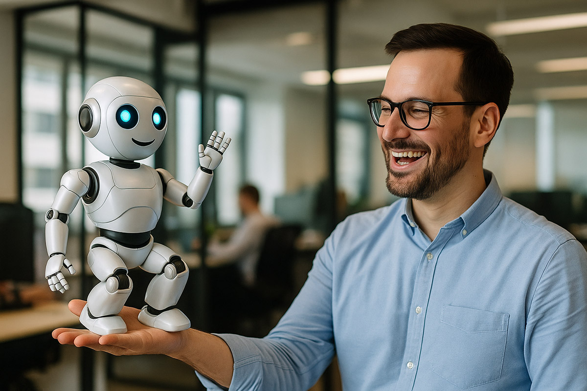 Mitarbeiter hält Roboter auf der Hand, beide freuen sich
